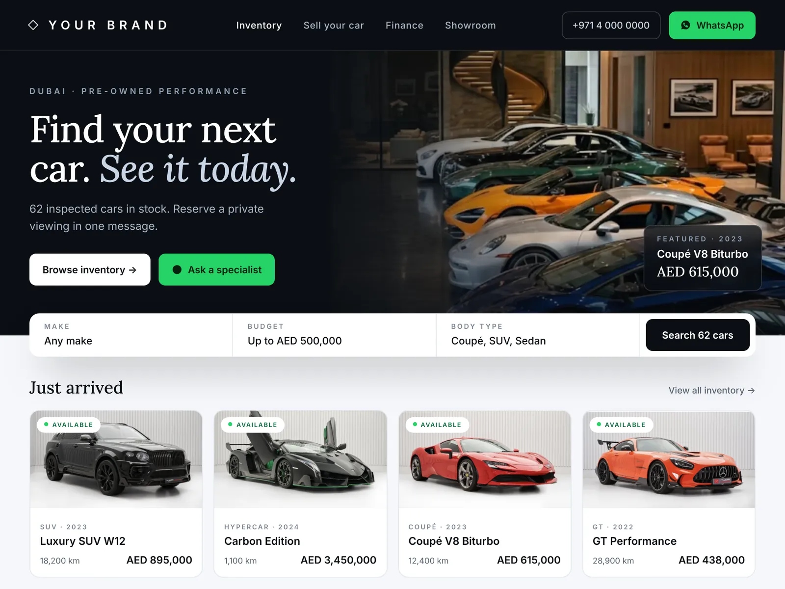 The website we would build: clear headline, featured car, inventory cards and a WhatsApp button