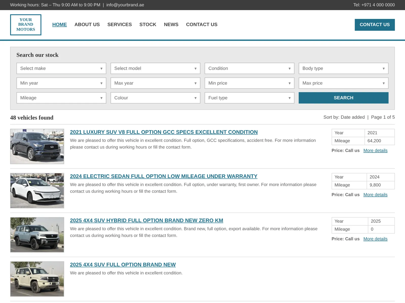 A typical dealer website: a wall of search filters and a plain text list