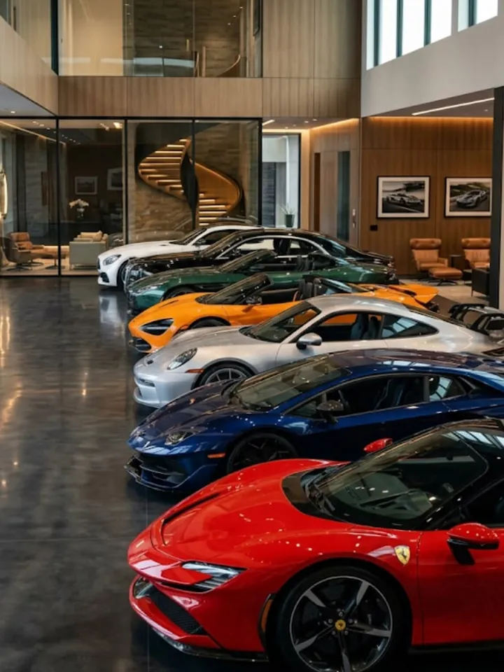 Car showroom with sports cars lined up