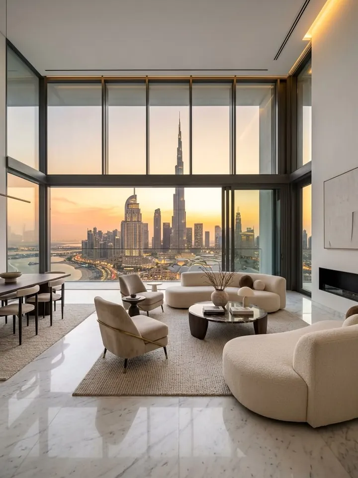 Apartment living room with a view of the Dubai skyline at sunset