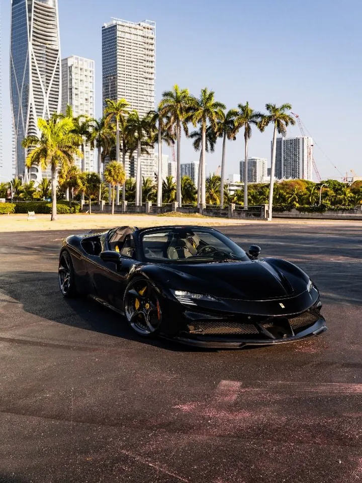 Black sports car parked in front of a city skyline